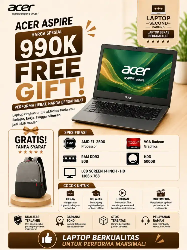ACER ASPIRE - AMD  - RAM 8GB - HDD 500GB  - 14 INCH