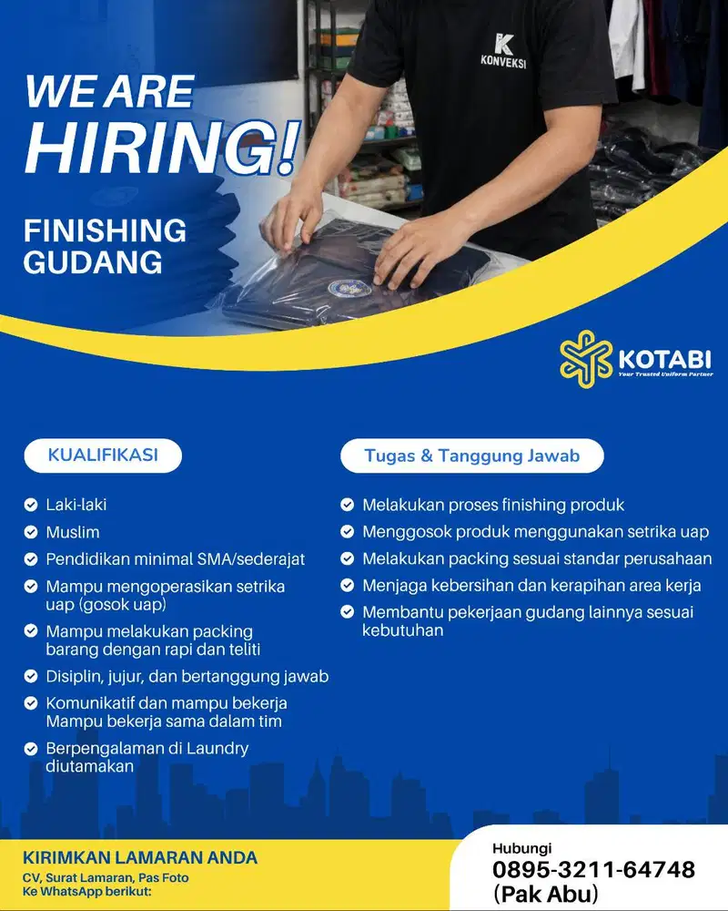 Dibutuhkan cepat Mandor, pic produksi dan staf gudang konveksi pakaian