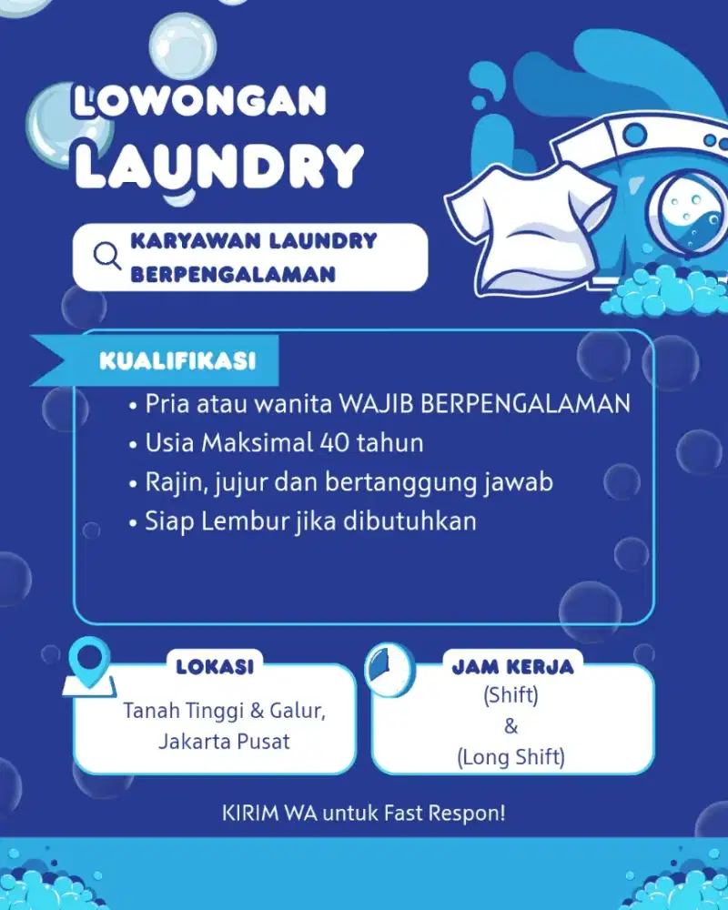 Dicari Pegawai Laundry Berpengalaman
