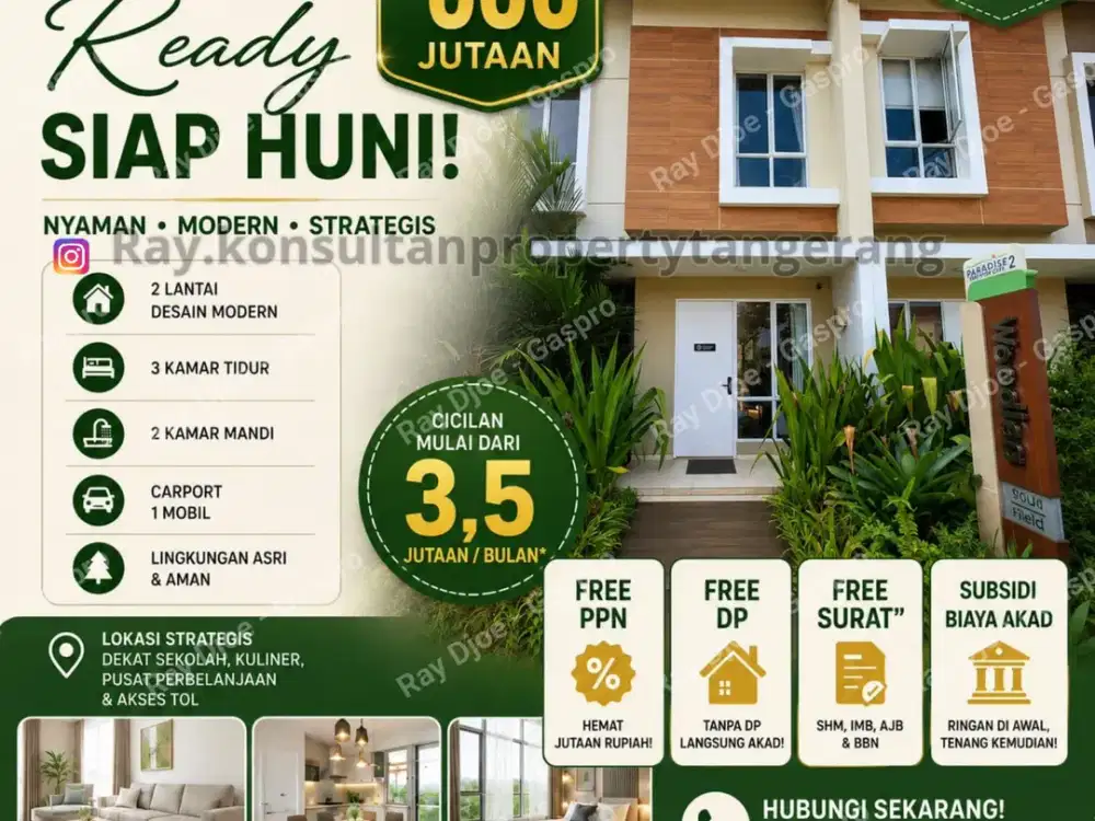 Rumah Cluster Siap Huni Dikawasan Kota mandiri Free Dp Free PPN Free Biaya Surat2 Free Fasilitas Harga Hanya Rp.800 Jutaan