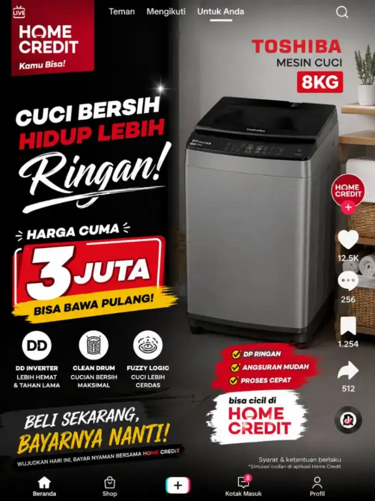 MESIN CUCI TOSHIBA 8KG BISA CICILAN BUNGA RINGAN TANPA DP MODAL KTP