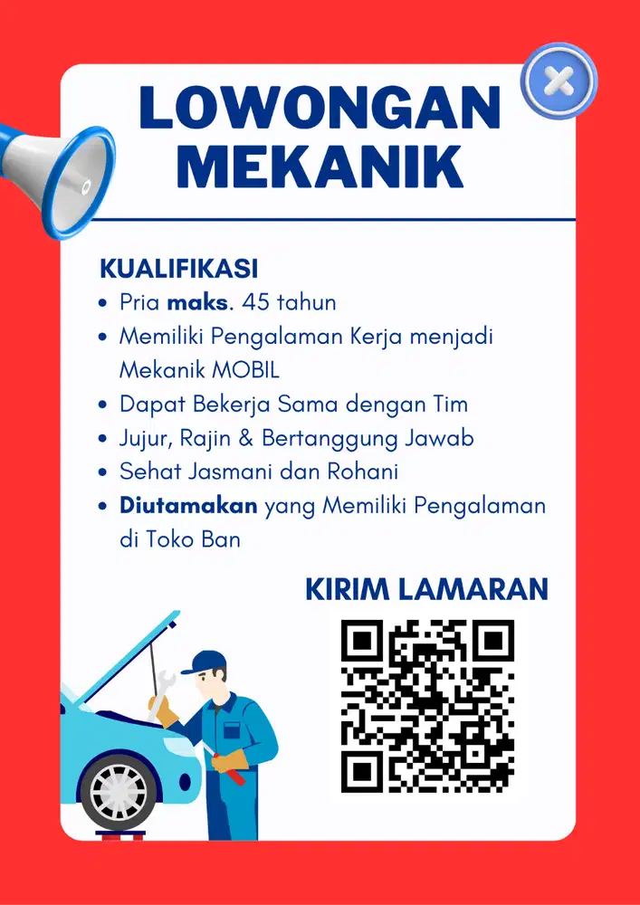 LOWONGAN MEKANIK / HELPER UNTUK BENGKEL MOBIL