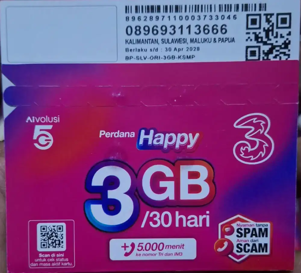 NOMOR CANTIK KARTU PERDANA 3 BONUS KUOTA 3 GB