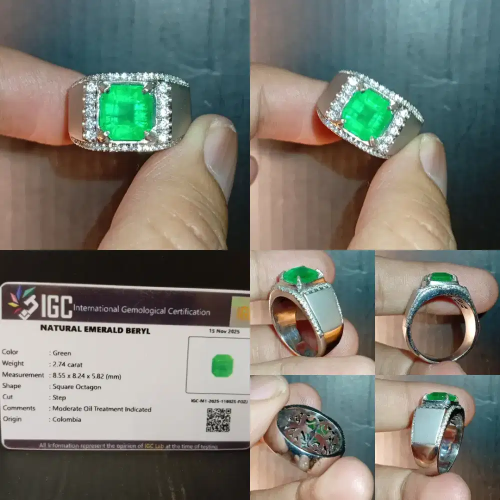 Zamrud Colombia Natural Emerald Beryl 2.74 ct ring perak Handmade