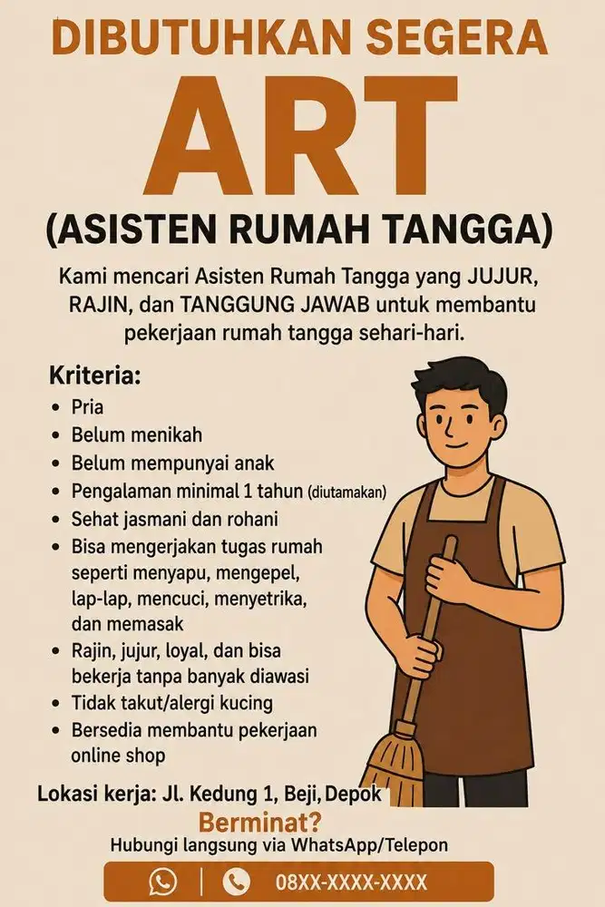 DIBUTUHKAN SEGERA - ART (Asisten Rumah Tangga)