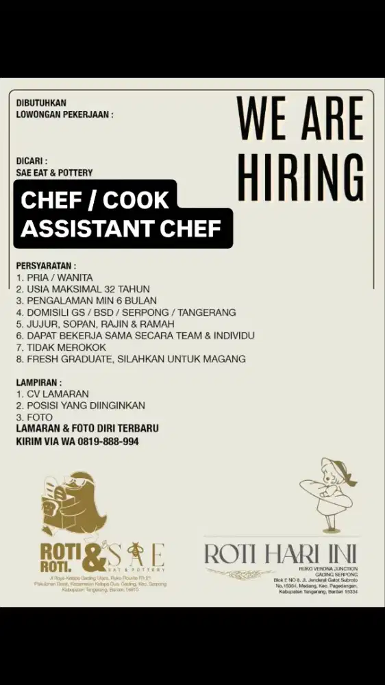 Dicari chef / cook juru masak untuk resto cafe di gading serpong