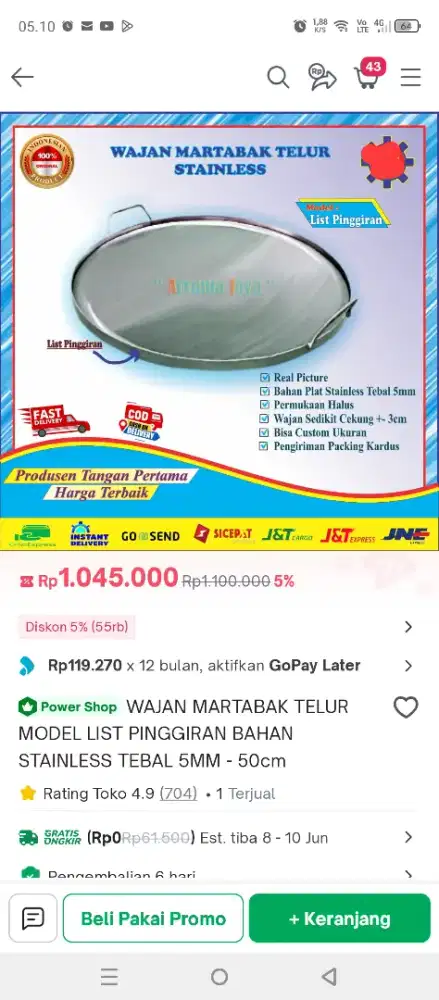 Wajan Besi untuk dagang Martabak, Baru harga Second.