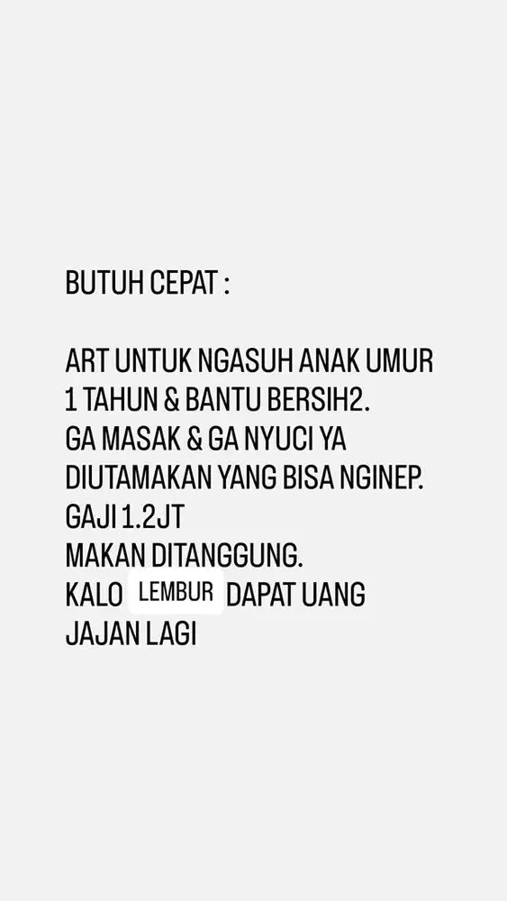 BUTUH CEPAT ART UNTUK MONGMONG ANAK