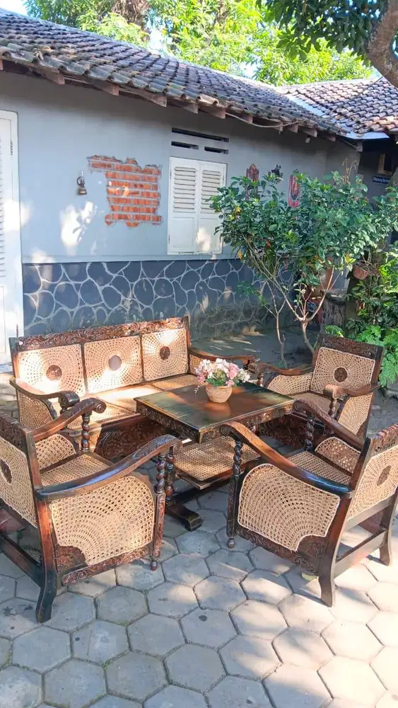 1 Set Meja Kursi Tamu Jati Ukir Rotan Van Der Pool Bekas Lawas Jadul