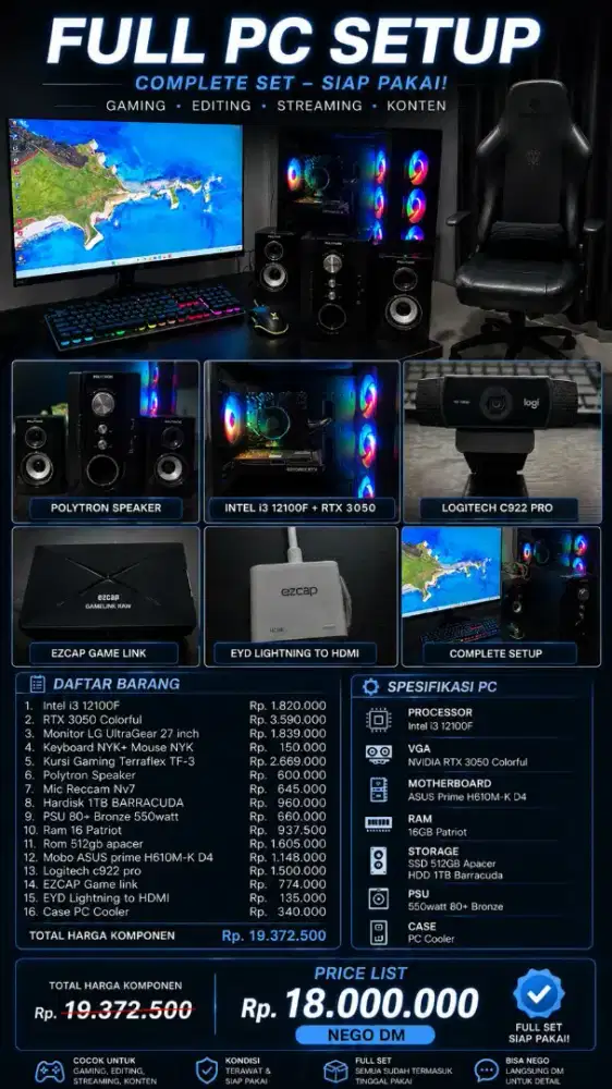 PC Gaming & Streaming RTX 3050  Intel i3 12100F Full Set + Monitor 27