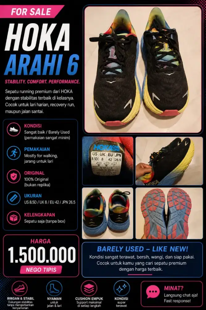Dijual Hoka Arahi 6, Size 42, Preloved