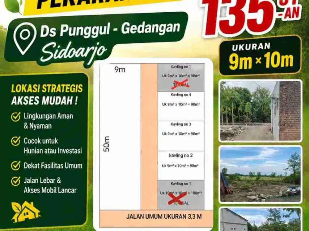 Sisa 3 Unit Tanah Kavling Pekarangan siap Bangun di Desa Punggul, Gedangan, Sda