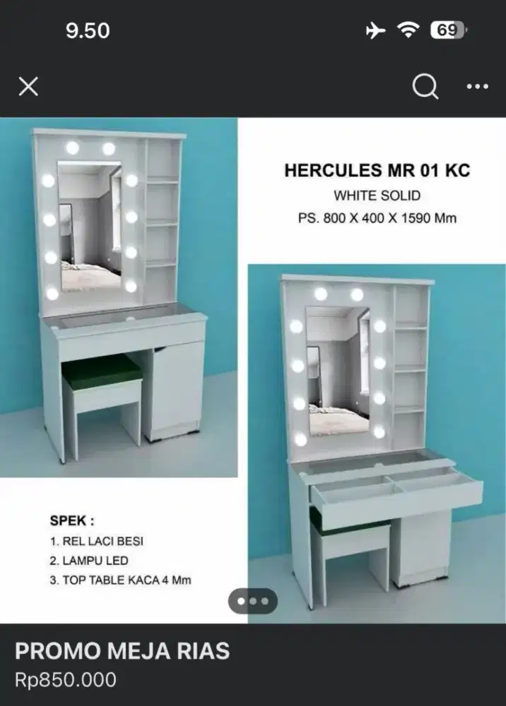 Meja rias lampu bohlam + kursi