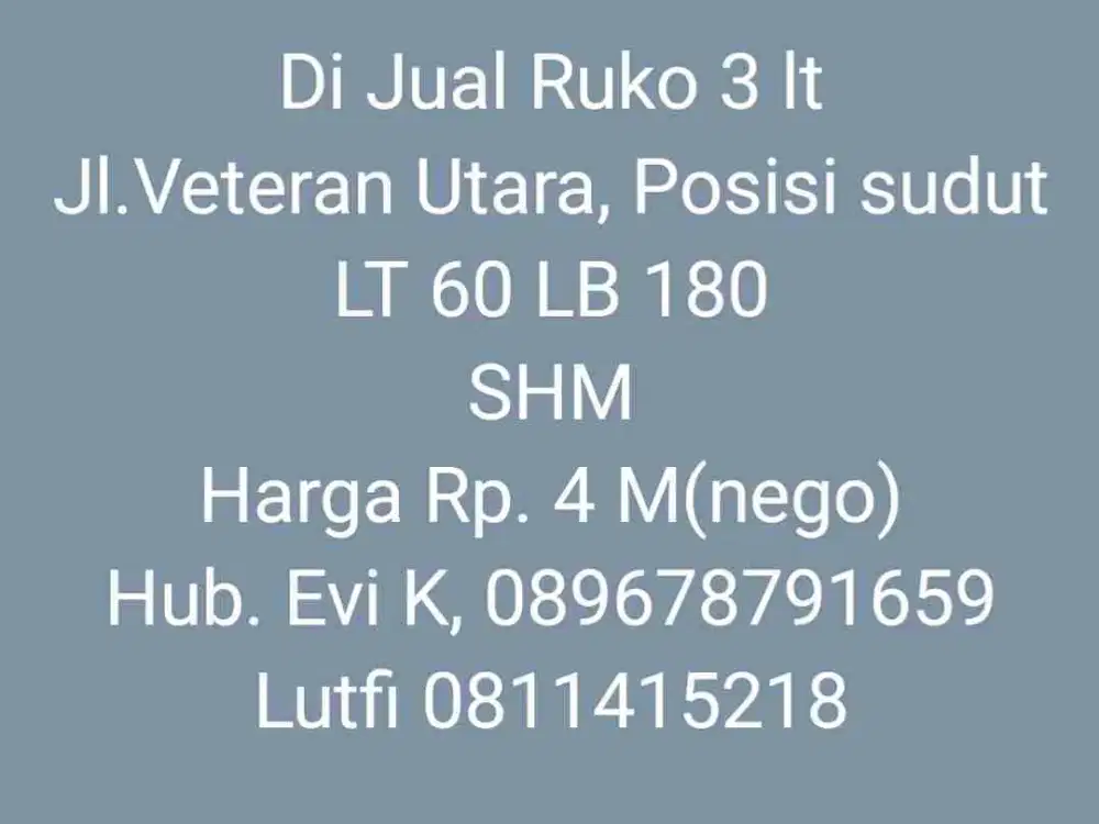 Di Jual Ruko 3 lt posisi sudut, Jl. Veteran Utara, Mks