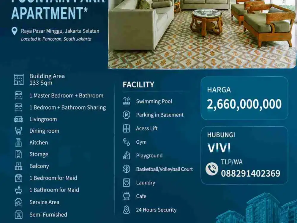 *7- Dijual unit apartemen FOUNTAIN PARK APARTMENT*
Pasar Minggu Jakarta Selatan*