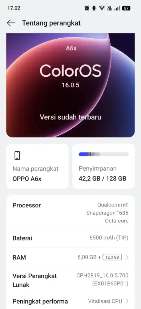 OPPO A6x 6+12/128 fulset mulus minus pemakaian saja
