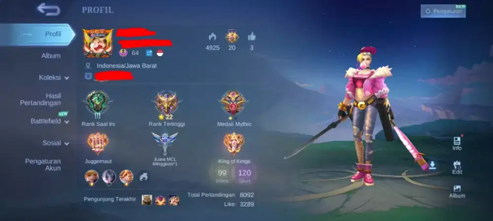 Akun Mobile Legends Hero 99 Skin 120 Full Emblem