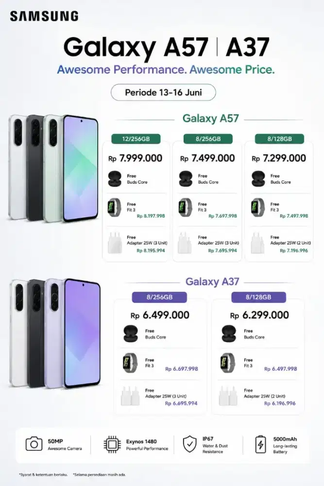 PROMO TERBARU A37 & A57  CICILAN 0% TANPA BUNGA TANPA DP S/d 24 BULAN