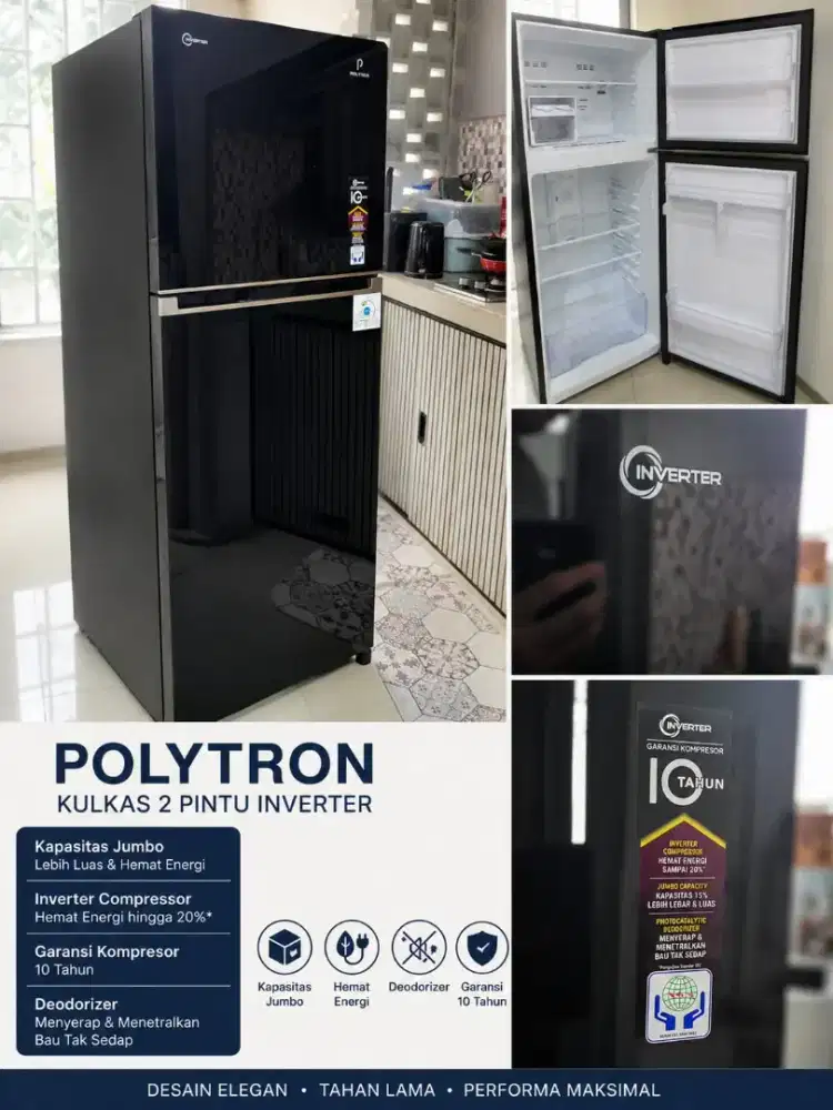 JUAL CEPAT KULKAS POLYTRON 2 PINTU INVERTER BLACK GLASS – LIKE NEW