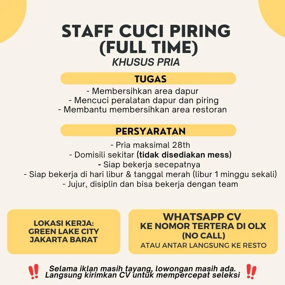 Lowongan Restoran (Staff Cuci Piring)