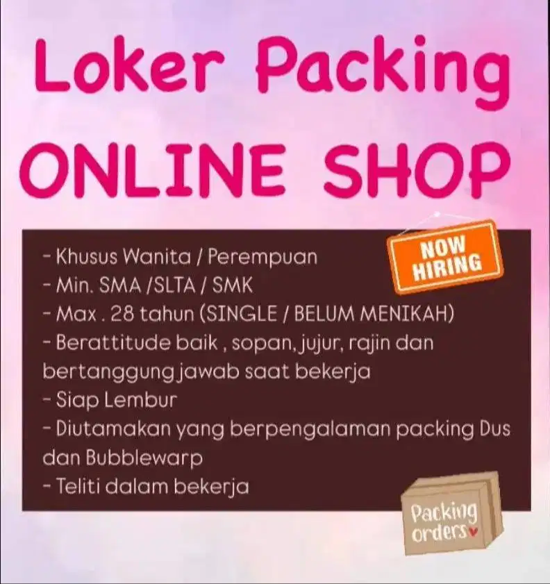 PERLU CEPAT ! KHUSUS WANITA LOWONGAN KERJA PACKING PAKET OLSHOP !!