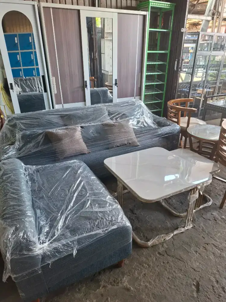 Sofa L modern full kain kanvas + meja mar-mer