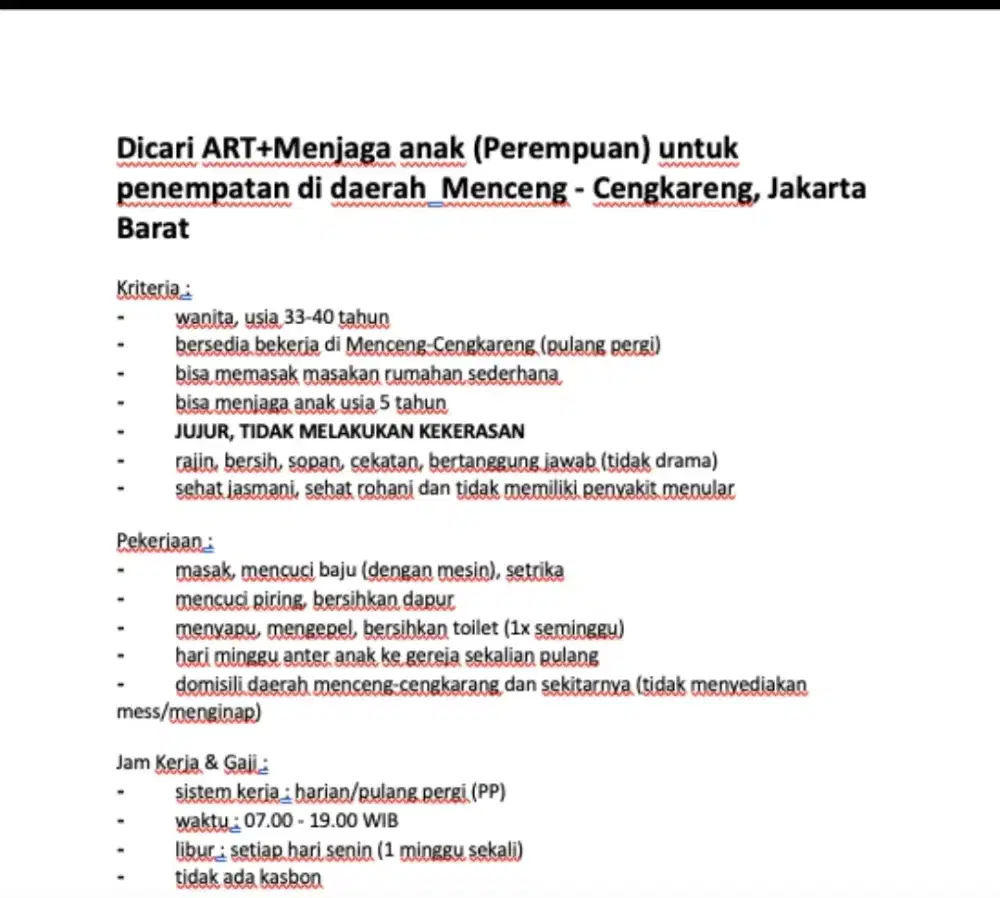 Dibutuhkan ART+Menjaga Anak (PP)