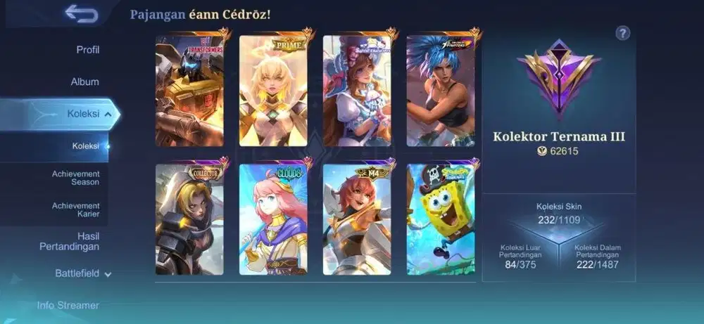 AKUN ML SULTAN COLLAB, BEATRIX PRIME, TRANSFORMERS, NARUTO, SANRIO DLL