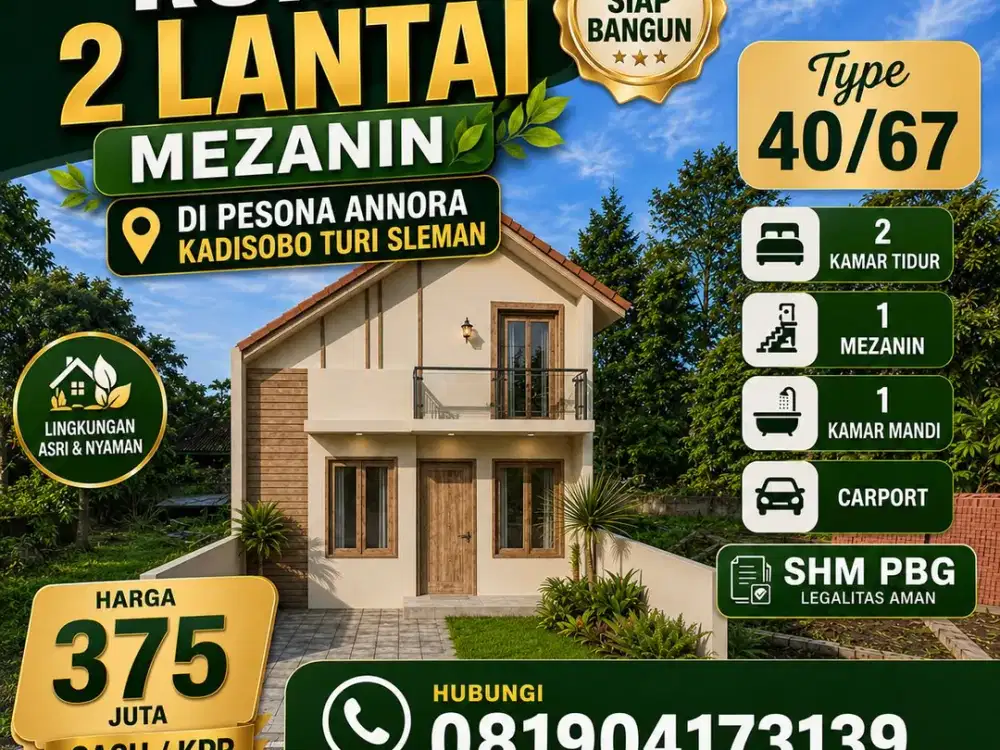 RUMAH MEZANIN 2 LT DI TURI SLEMAN HANYA 10 MENIT DARI MALL SLEMAN CITY HALL.