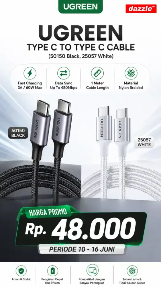 UGREEN TYPE C TO TYPE C CABLE 60W (50150, 25057)
