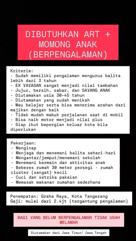 Lowongan pekerjaan ART + Momong anak