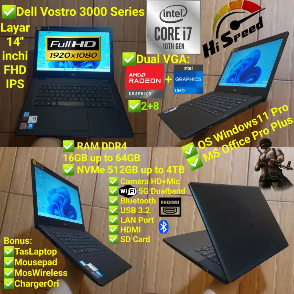 Laptop Gaming i7 Gen10 RAM 16GB NVMe 512GB Dell Vostro Dual VGA