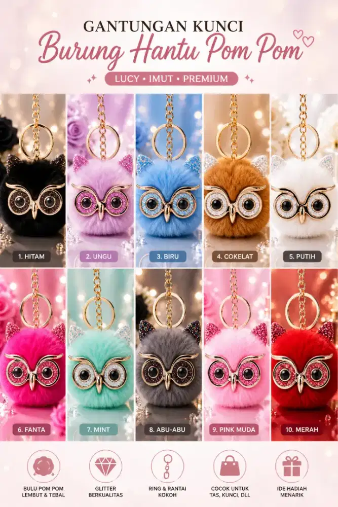 Gantungan Kunci Burung Hantu Pom Pom Glitter Premium