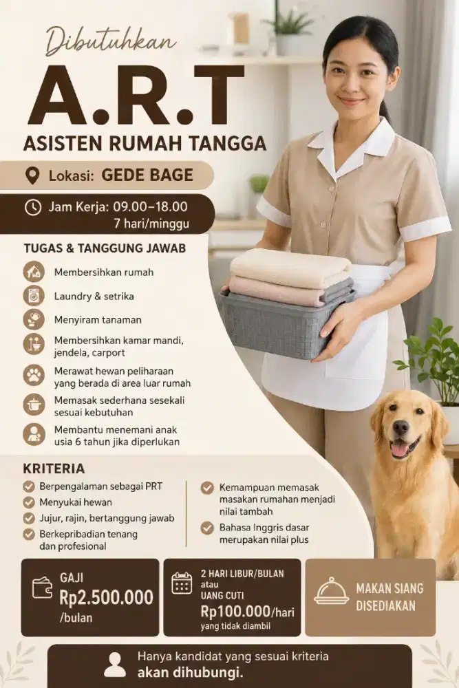 dicari ART Asisten Rumah Tangga langsung majikan