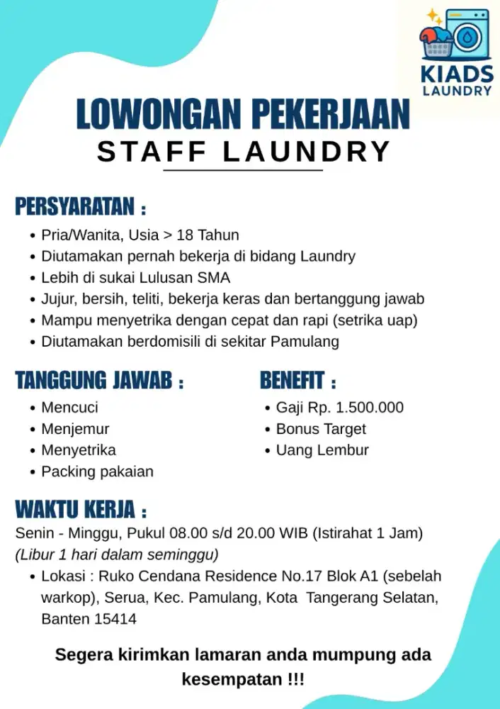 Lowongan staff LAUNDRY AREA PAMULANG