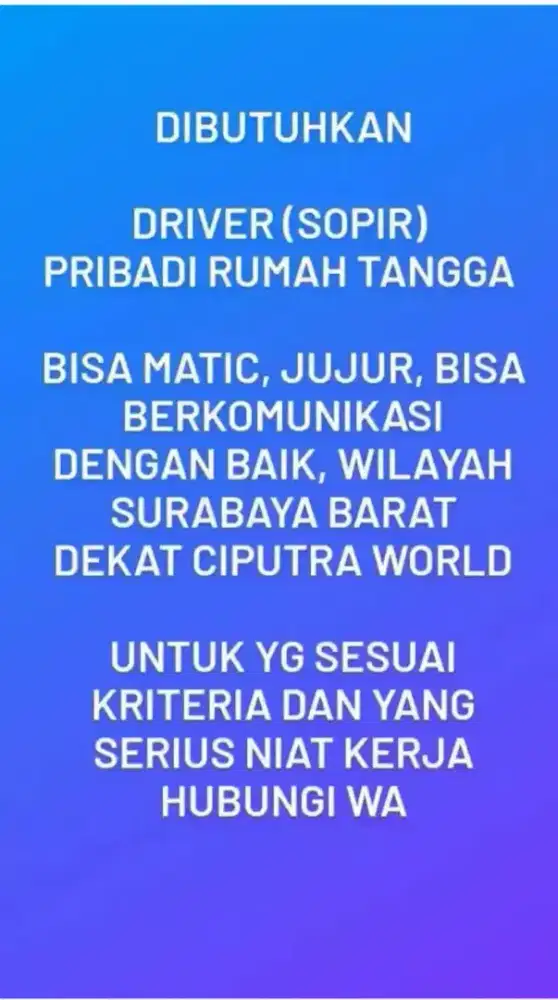Dibutuhkan Segera DRIVER (Sopir) Rumah Tangga di Surabaya Dukuh Pakis