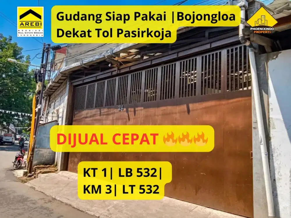 Dijual Gudang Siap Pakai Area Bojongloa Bandung
LT 532 m² | SHM | Dekat Tol Pasirkoja | Rp 6 Milyar