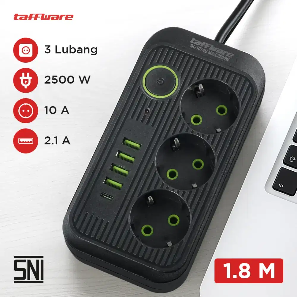 Taffware Stop Kontak Kabel USB Type C 10A 250V 2500W 1.8M 3 Lubang