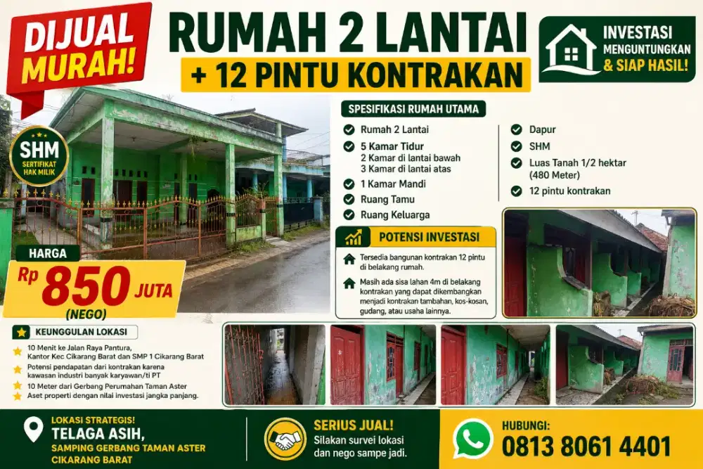 DIJUAL MURAH! RUMAH 2 LANTAI + 12 PINTU KONTRAKAN + LAHAN PENGEMBANGAN