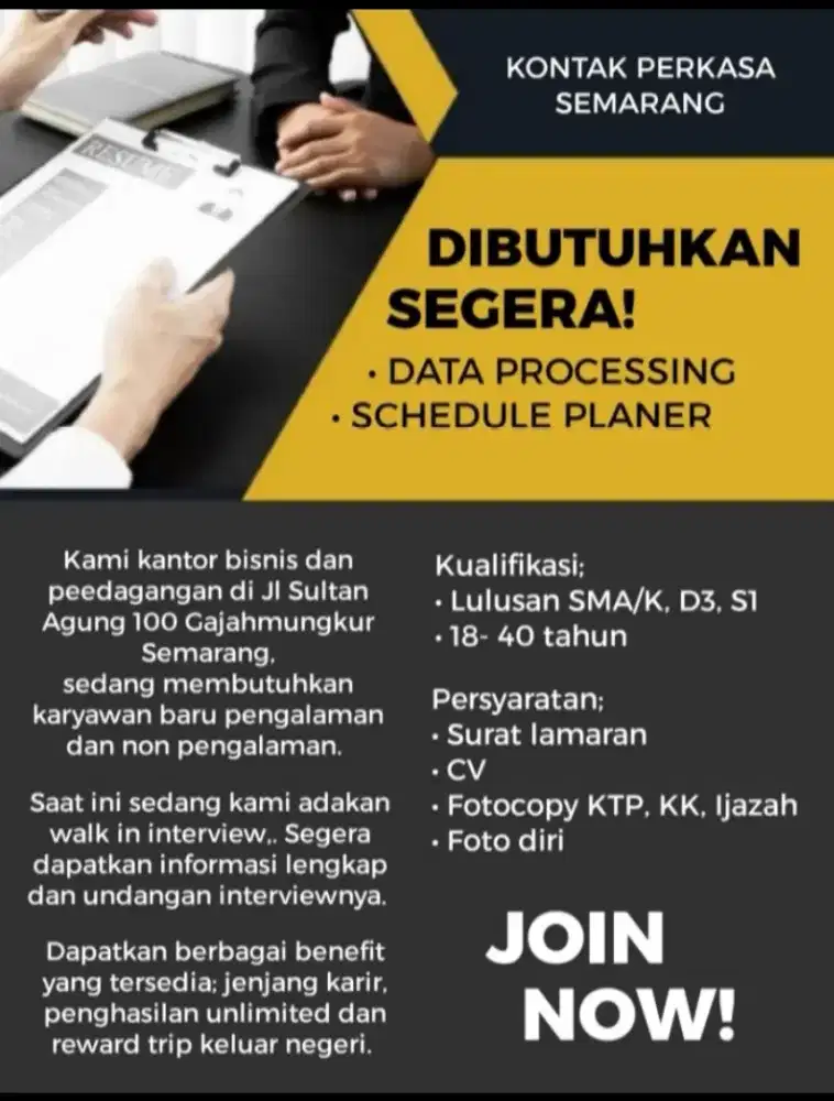 DIBUTUHKAN SEGERA, STAF KANTOR PENGALAMAN & NON PENGALAMAN - SEMARANG