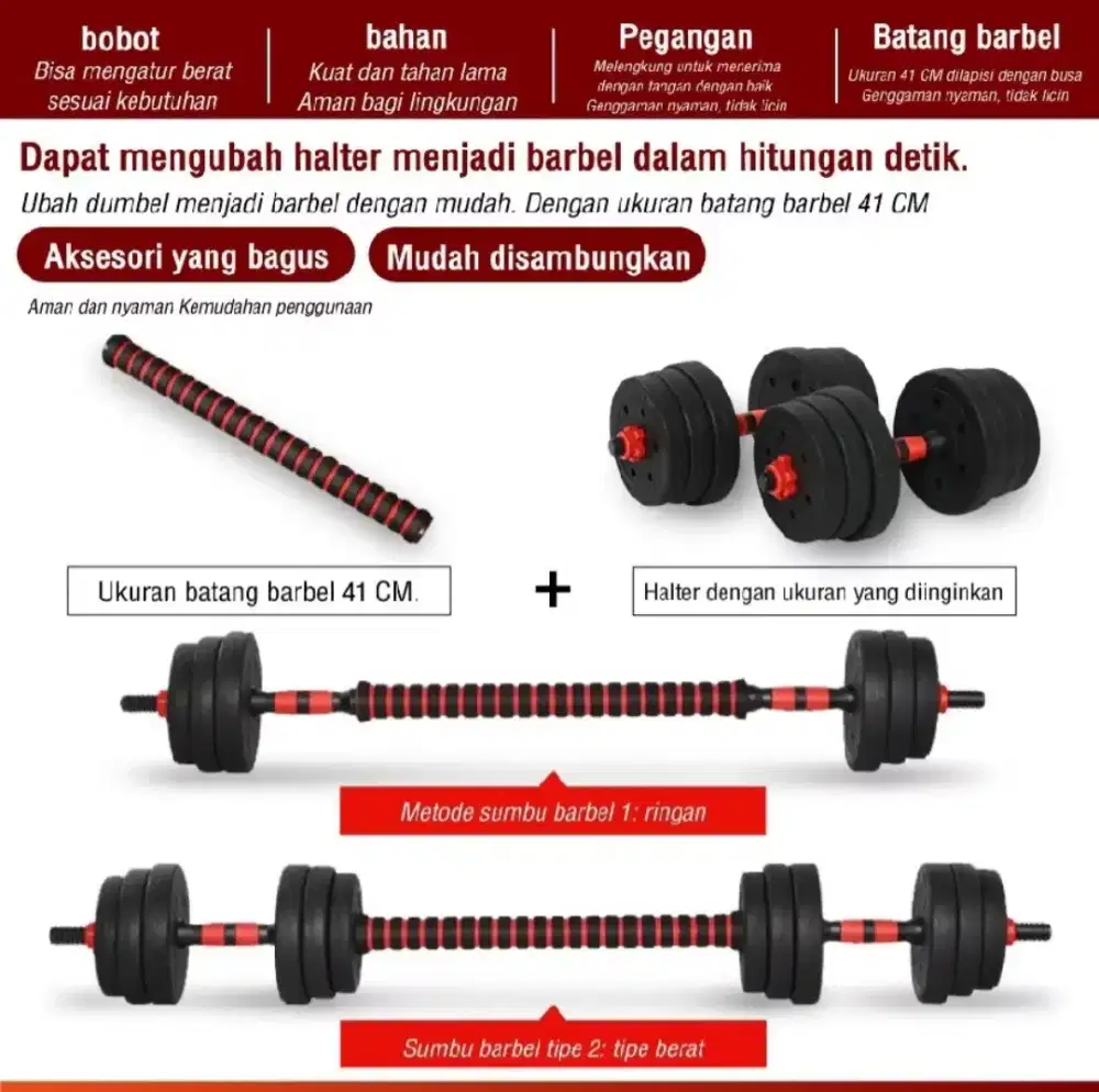 Dumbell set 30kg barbel besi, yg BS diatur beratnya, Made in Korsel.