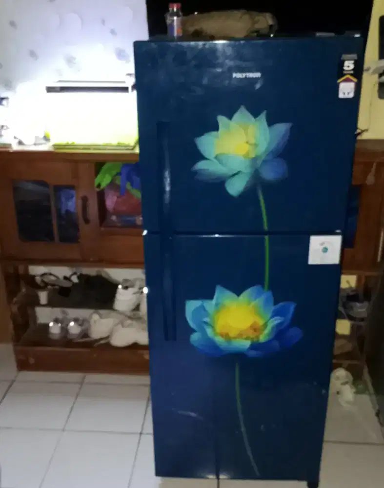 kulkas polytron 2 pintu biru bunga tanpa biang es