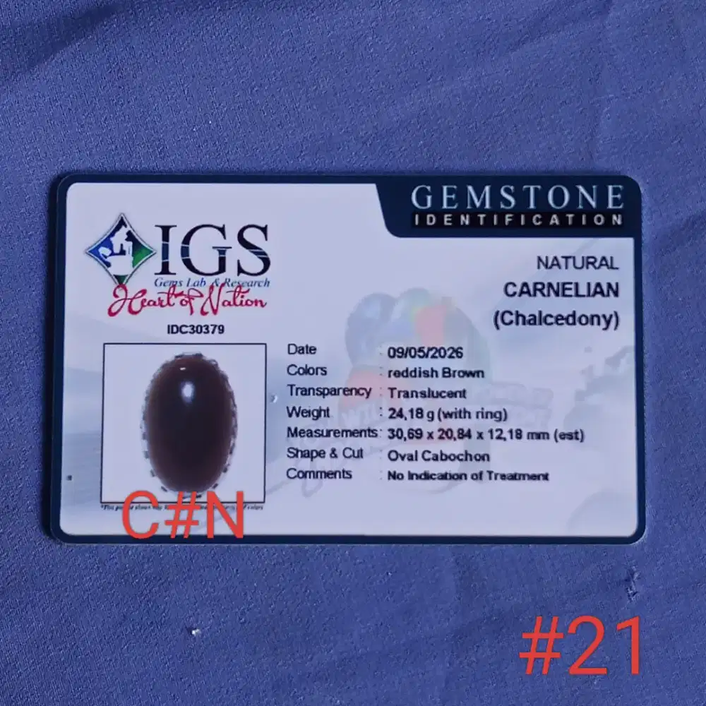 Batu natural carnelian Chalcedony. Gem id card IGS
