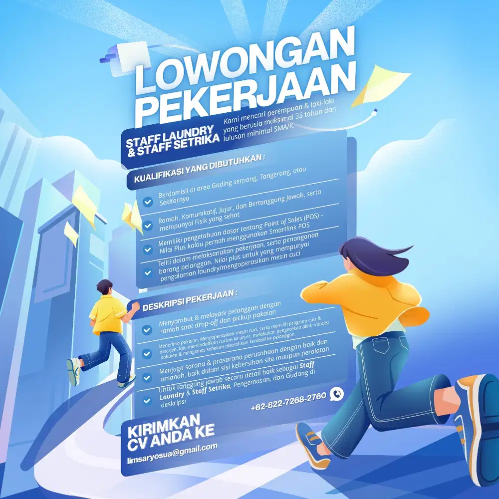 DICARI SEGERA: Staf Setrika & Gudang – Okane Laundry, Gading Serpong