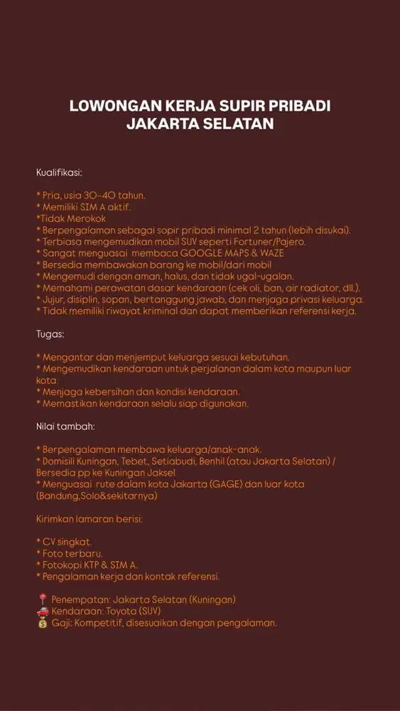 Driver / Supir Pribadi Jakarta Selatan