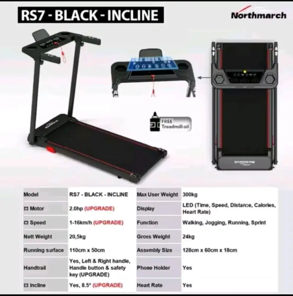 Northmarch RS7 - BLACK - INCLINE Treadmill 2.0hp Upgrade