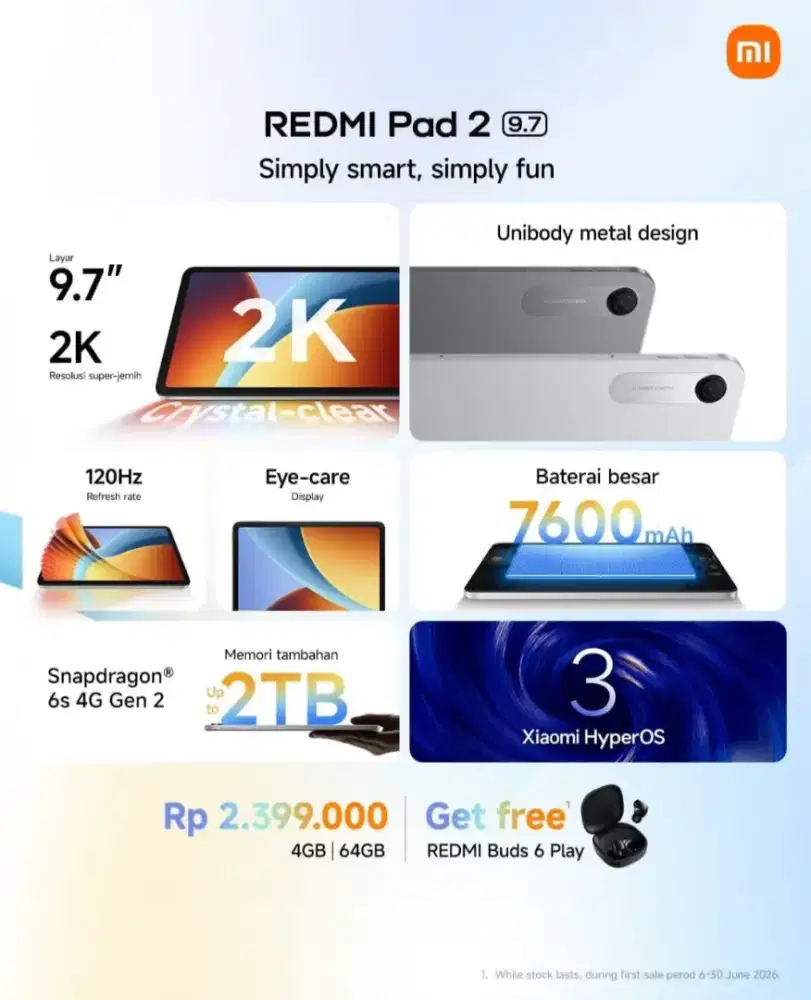 Redmi Pad 2 9.7inch Free Redmi Buds 6 Play