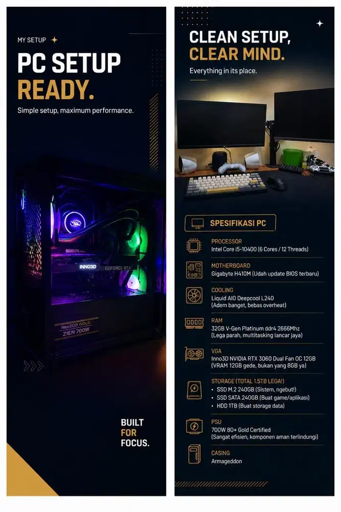PC Gaming i5 - 10400 | 32Gb | RTX 3060 12GB Fullset 2 monitor!!