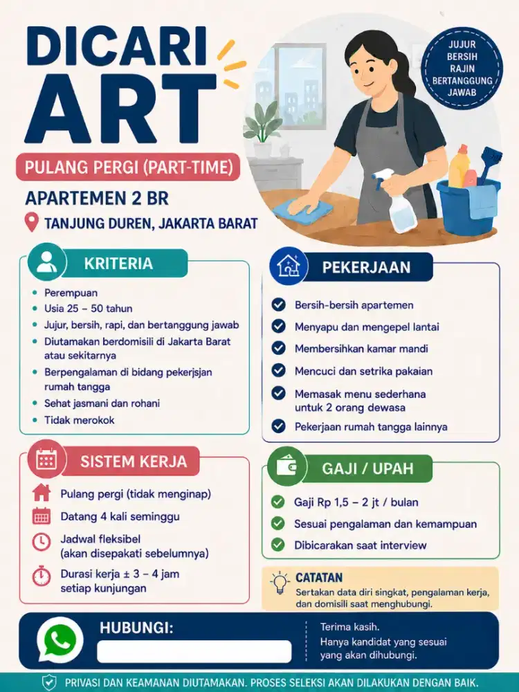Dicari Asisten Rumah Tangga (ART) pulang pergi (tidak menginap)