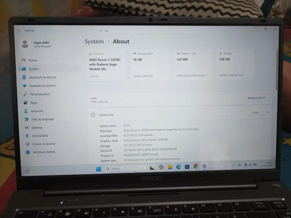Laptop axioo hype 5 X3 ryzen5 ram 16gb /SSD 512Gb fullset